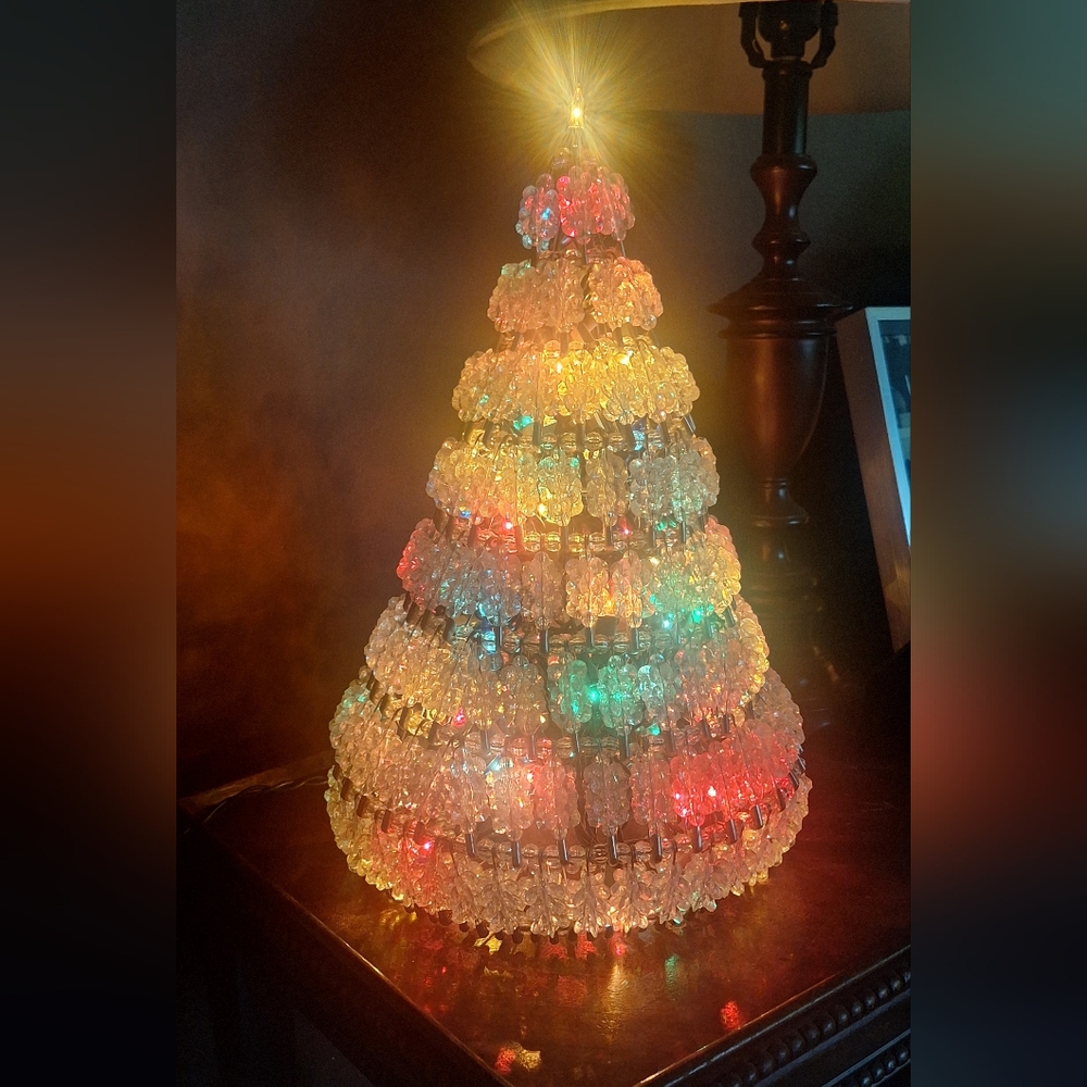 Handcrafted Safety Pin Beaded Holiday Tabletop Tree Colored Electric Lights 🎄